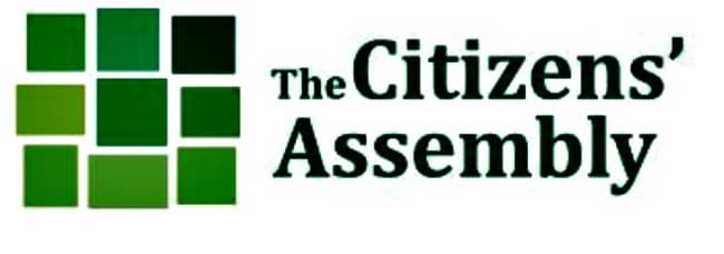 Logo of The Citizens' Assembly with green squares and bold black text, symbolizing community and collaboration.