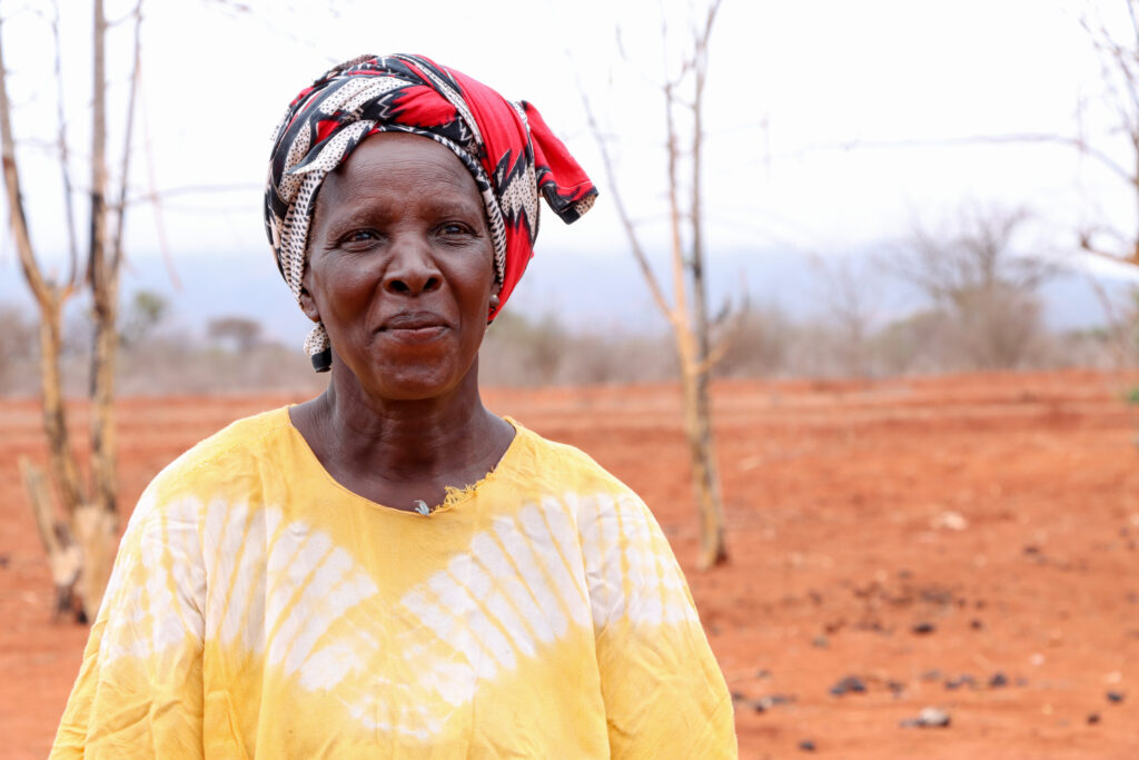 Elderly woman in colorful headdress and yellow dress, standing in dry landscape with sparse trees.