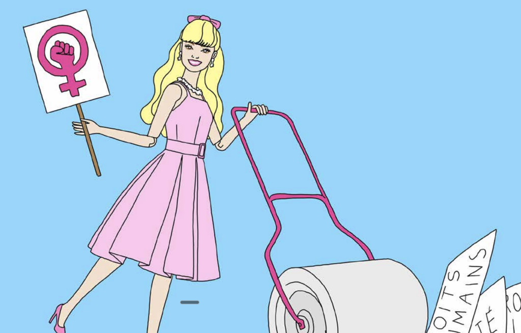Illustration of a woman in pink holding a feminist symbol sign and rolling over societal issues with a roller.