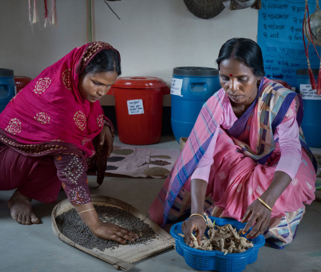 Two women sorting seeds and roots indoors, surrounded by colorful containers and traditional attire.