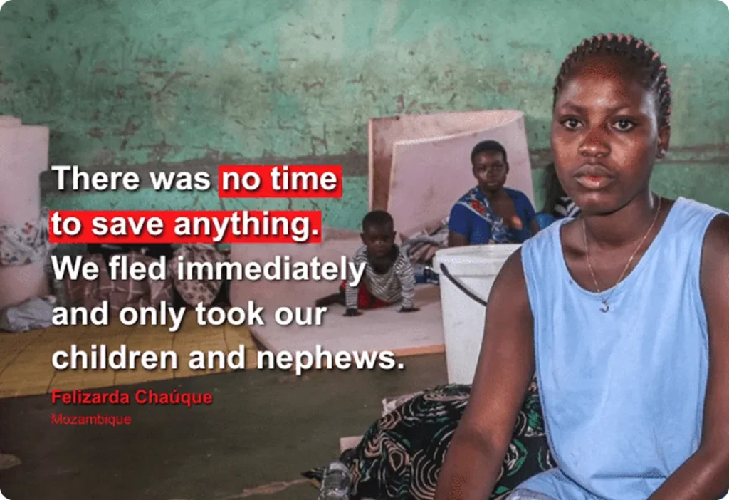 Family seeking refuge in Mozambique after emergency evacuation, highlighting resilience in crisis.